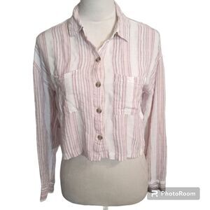 Aeropostale Cropped Pink Striped Button Down Woman's Shirt Size M